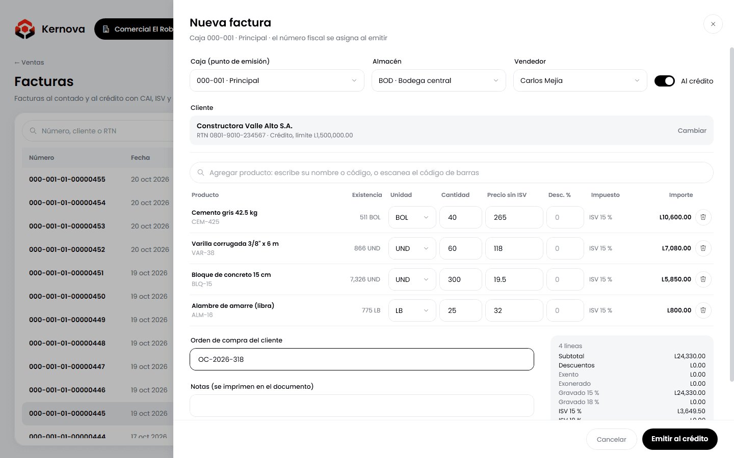 Factura nueva en Kernova con un cliente al crédito y cuatro productos