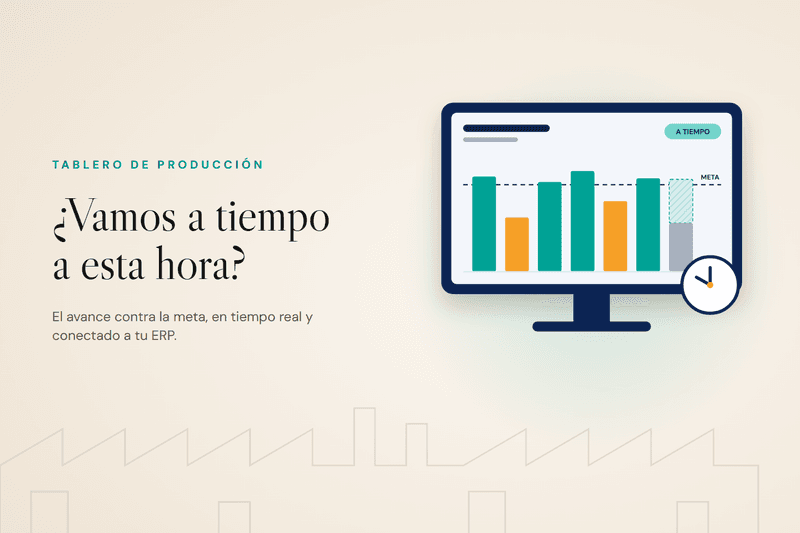 ¿Vamos a tiempo a esta hora? Ilustración de un tablero de producción con barras contra la meta y un reloj